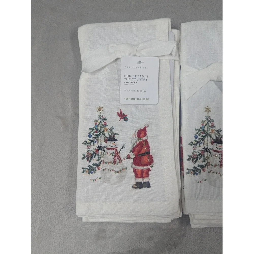 Pottery Barn Christmas In The Country Napkins 3 Sets Of 4 Santa Embroidered